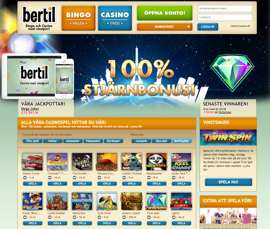 100 free spins hos Bertil casino